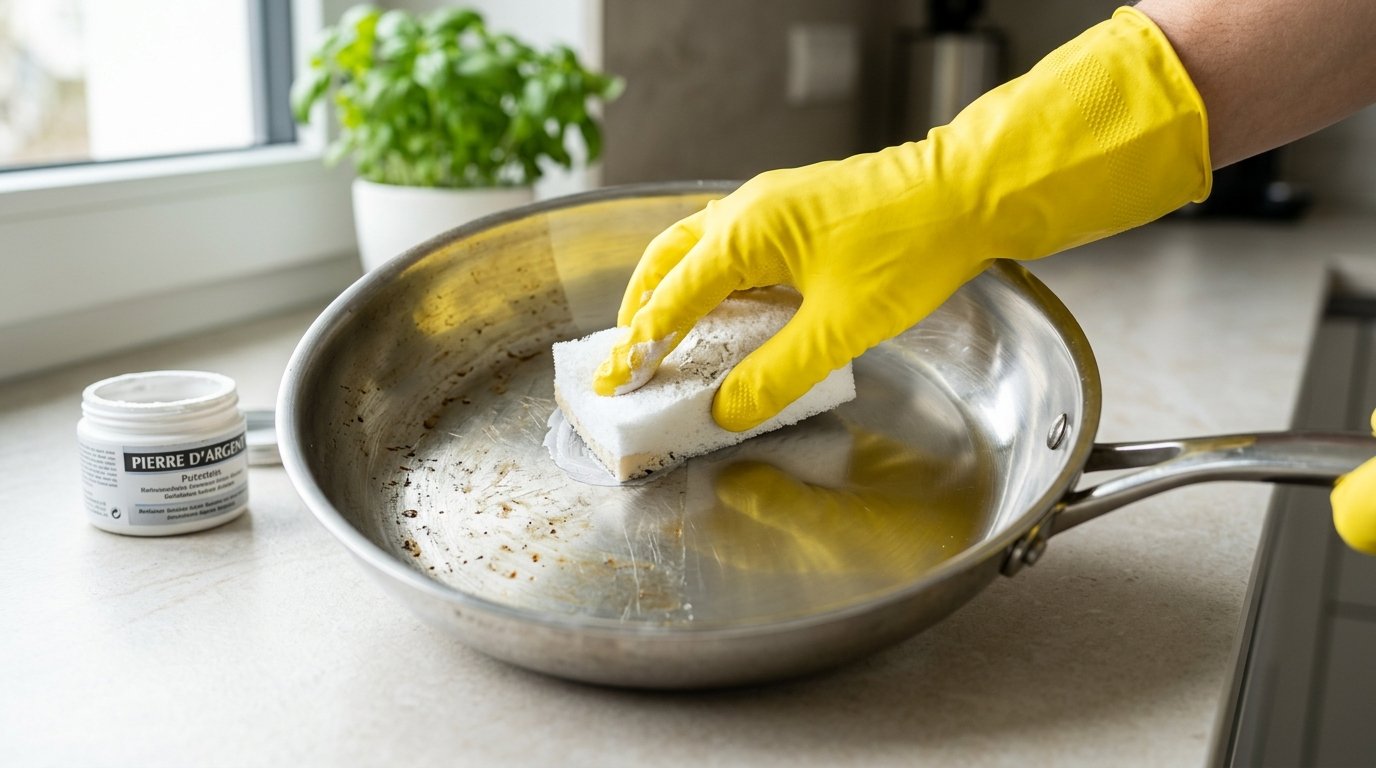 entdecken Sie, wie ein Tonstein alte Edelstahlpfannen reinigt und poliert, ohne aggressive Chemikalien zu verwenden und überraschende Ergebnisse zu erzielen